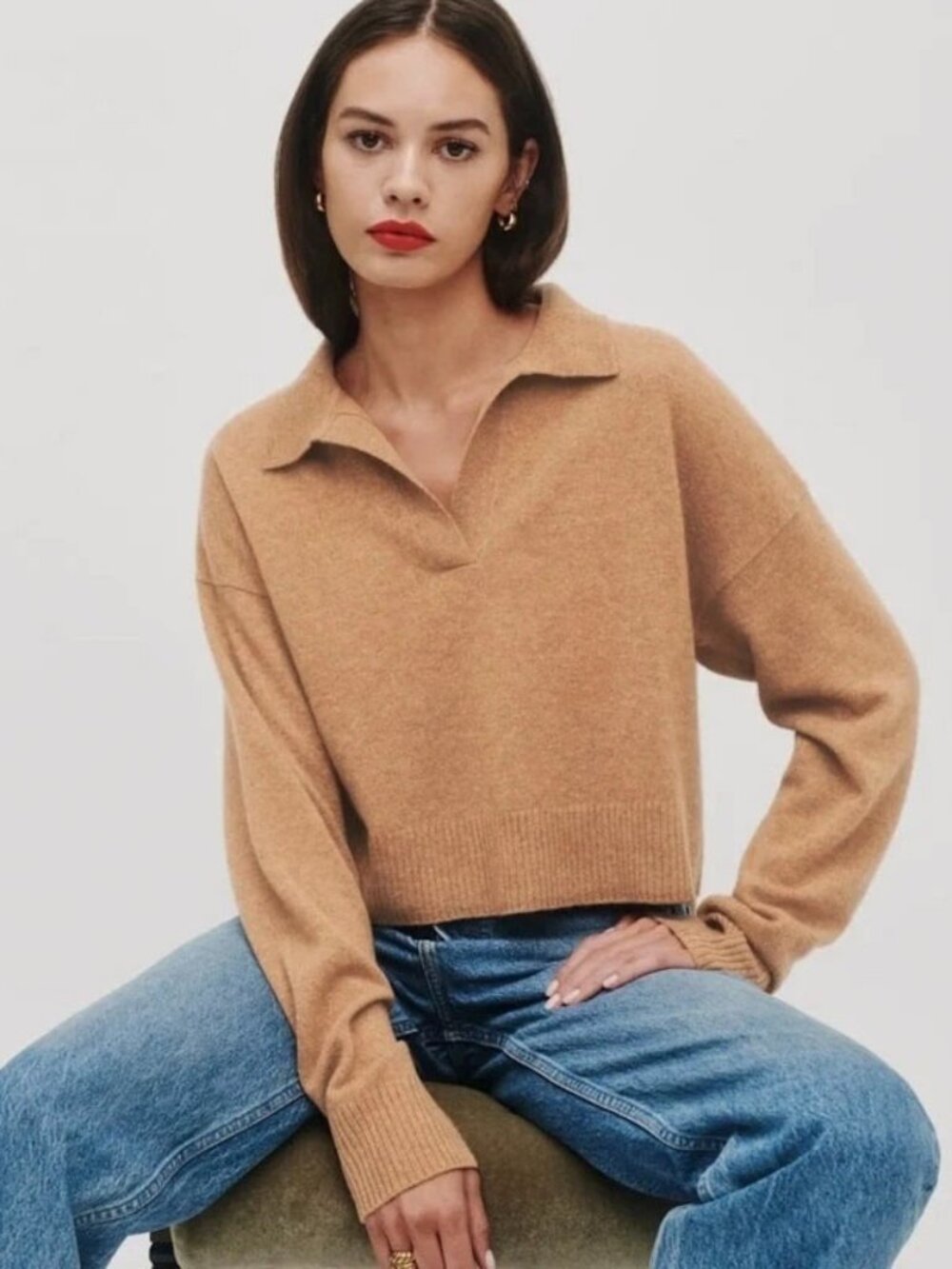 Reformation Cashmere Polo Crop Long Sleeve Collared Sweater